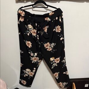 Floral Black Pants with Tie Waist